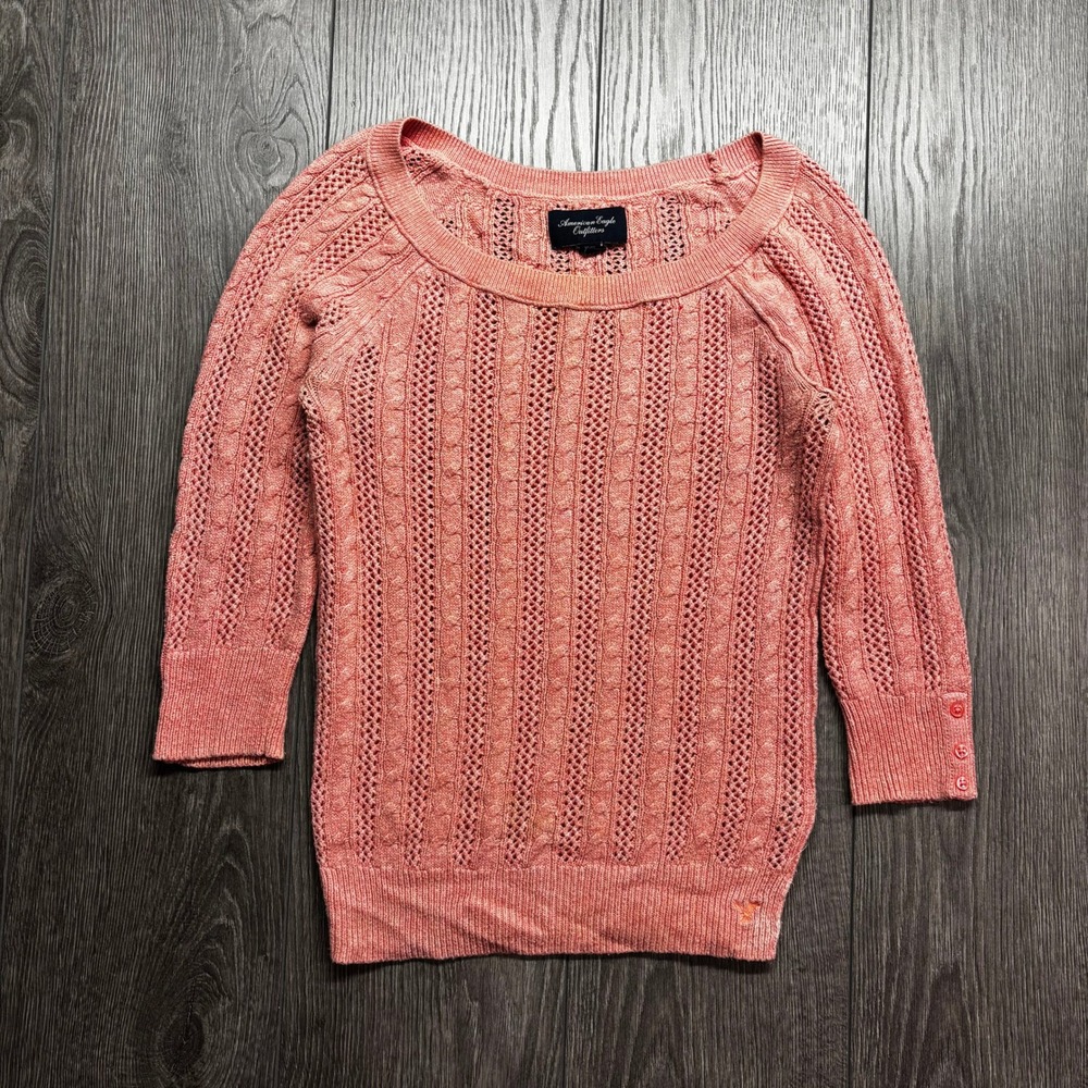 American Eagle Women Coral Pink Cable Knit Sweater 3/4 Sleeve Y2K XS 2000s Scoop